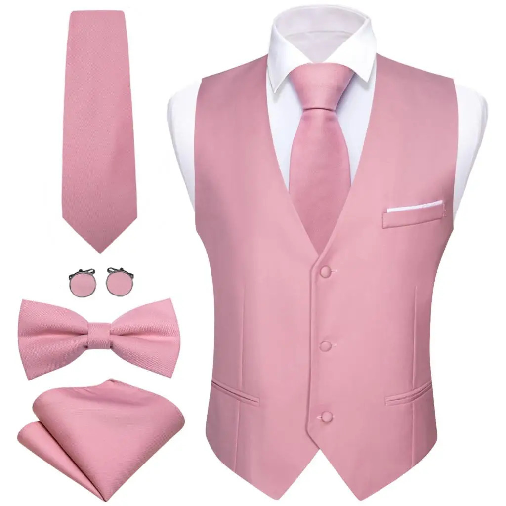 Elegant Vest for Men Pink Solid Satin Waistcoat Tie Bowtie Hanky Set Sleeveless Jacket Wedding Formal Male Gilet Suit Barry Wang 240312