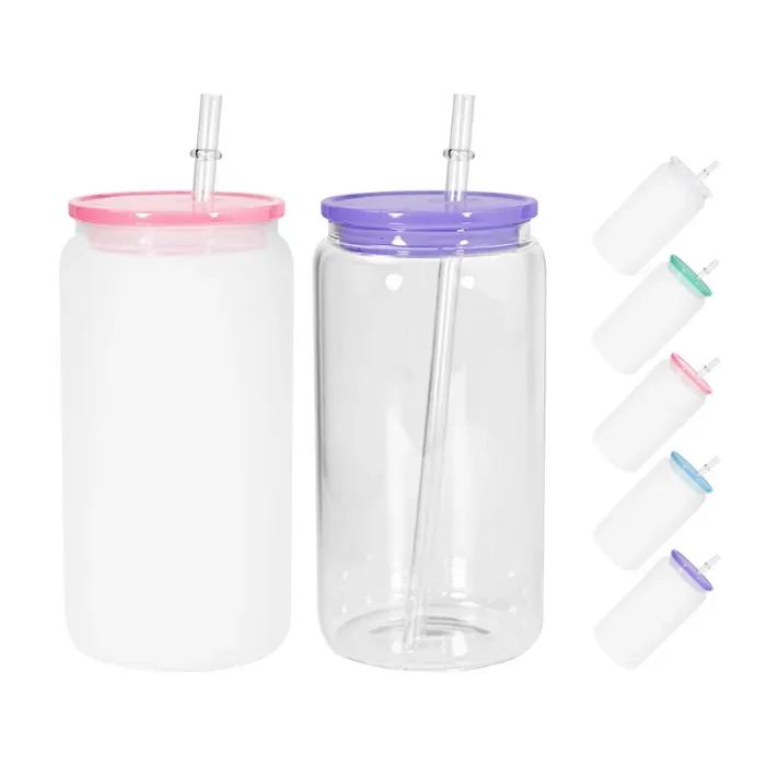 Blank Sublimation 16oz Glass Can with PP Lids Tumbler shape Bottle with Lid and Straw Summer Drinkware Mason Jar Juice Cup Z11