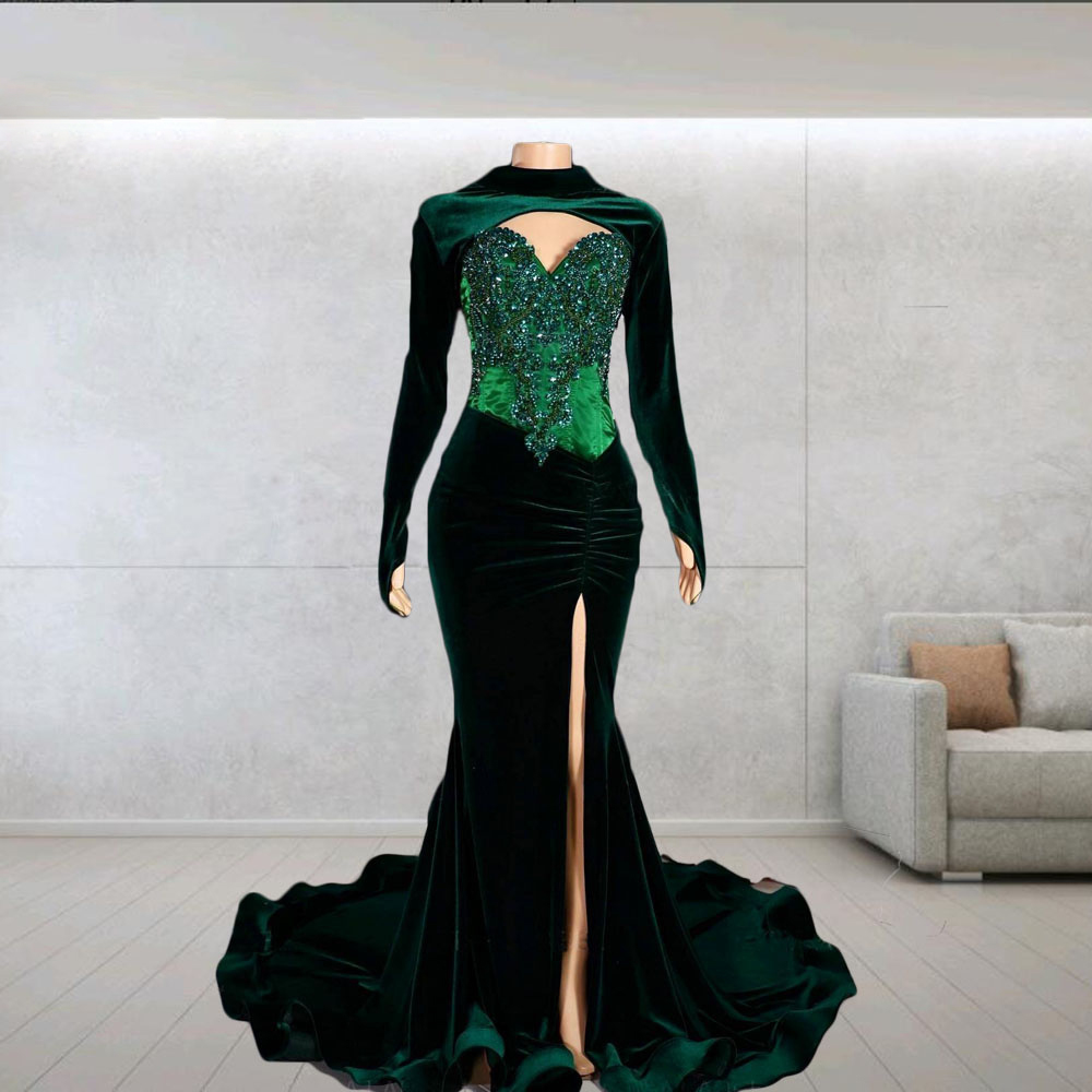 Evening Fabulous Green Prom Dresses Keyhole Neck Long Sleeve Veet Birthday Dress For Black Girls Beads Special Ocn Party Gowns
