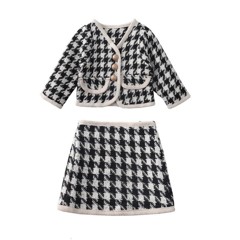 Autumn Winter Girls Clothing Sets Toddler Girl Tweed Plaid Suit Cardigan SweaterShort Skirt 2PCS Children Girl Outfits 1-5Yrs 240229