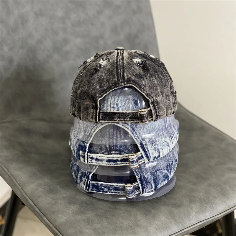 Fashion Denim Cap Casual Washed Old Hole Jean Baseball Cap Vintage Men Blank Hat Women Hip Hop Cap Bone 240220