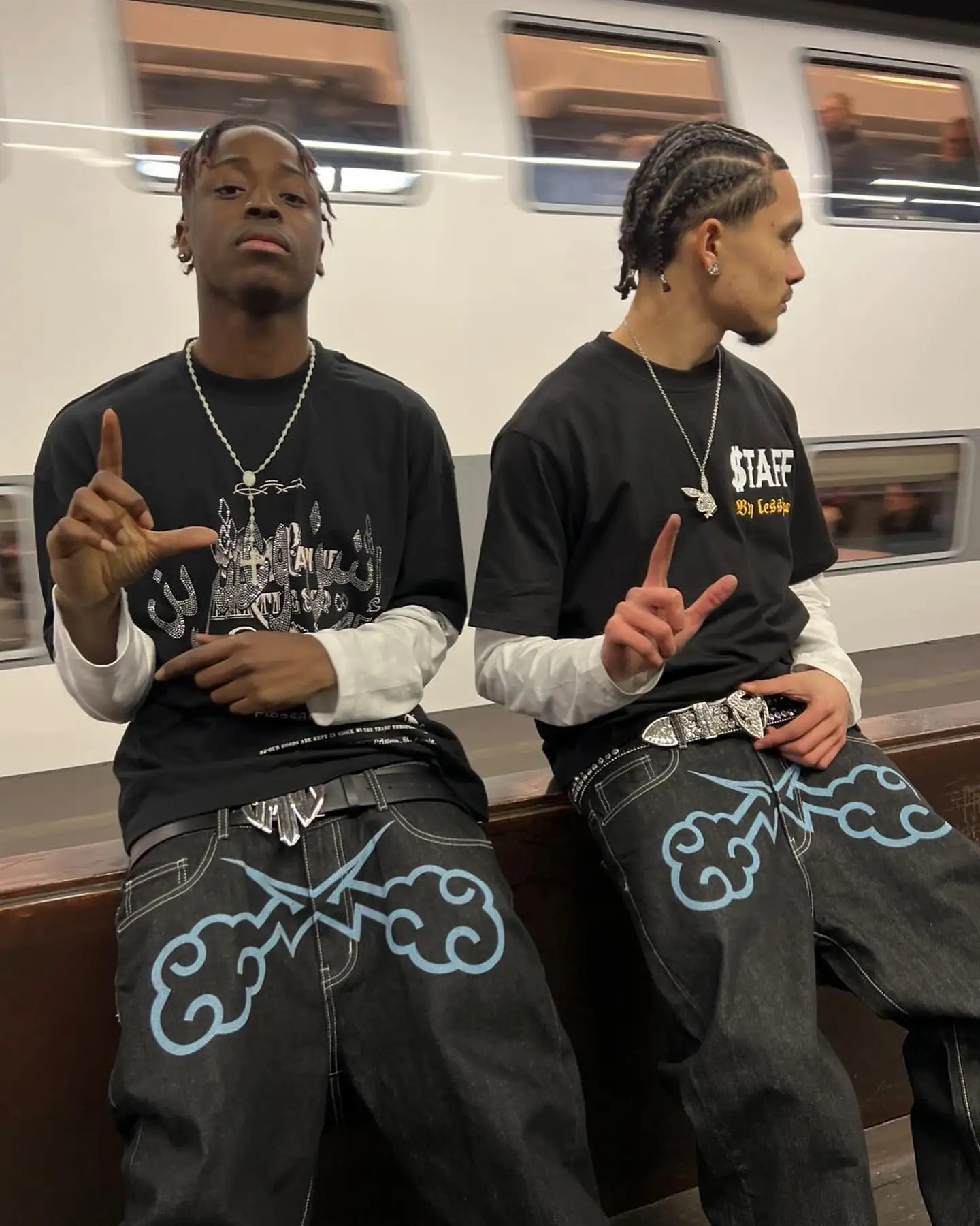 Y2k Jeans Hip Hop Print Baggy Denim Black Pants Mens 2023 Harajuku Fashion Punk Rock Wide Leg Trousers Streetwear 240301