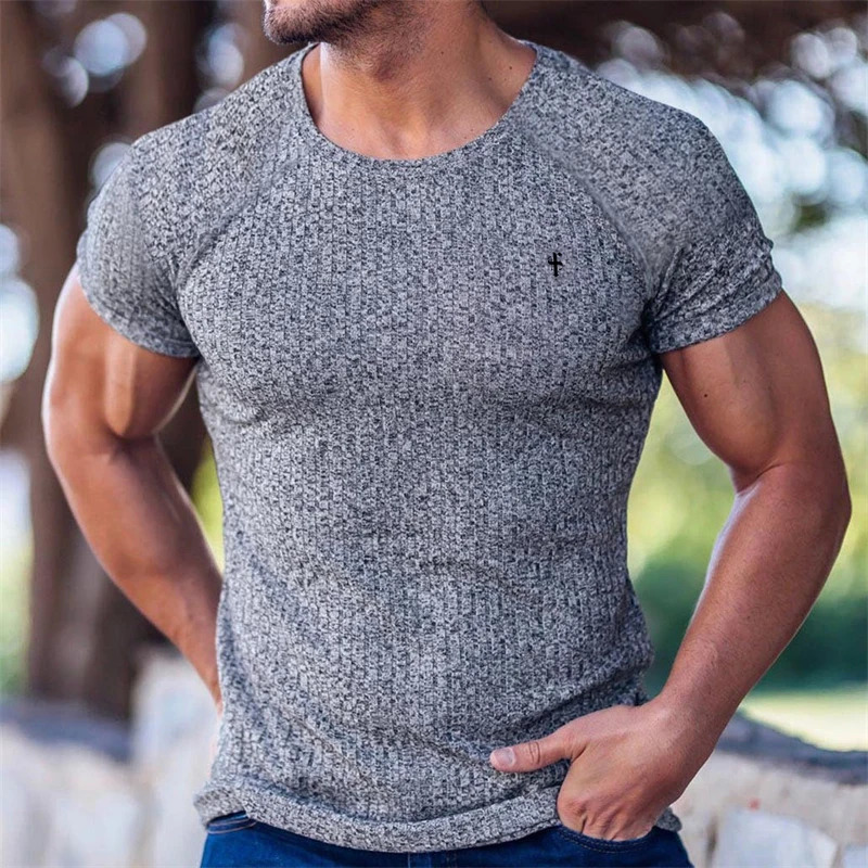 Designer men's sports and leisure quick-drying breathable elastic round neck bottoming shirt vertical stripe printed casual T-shirt