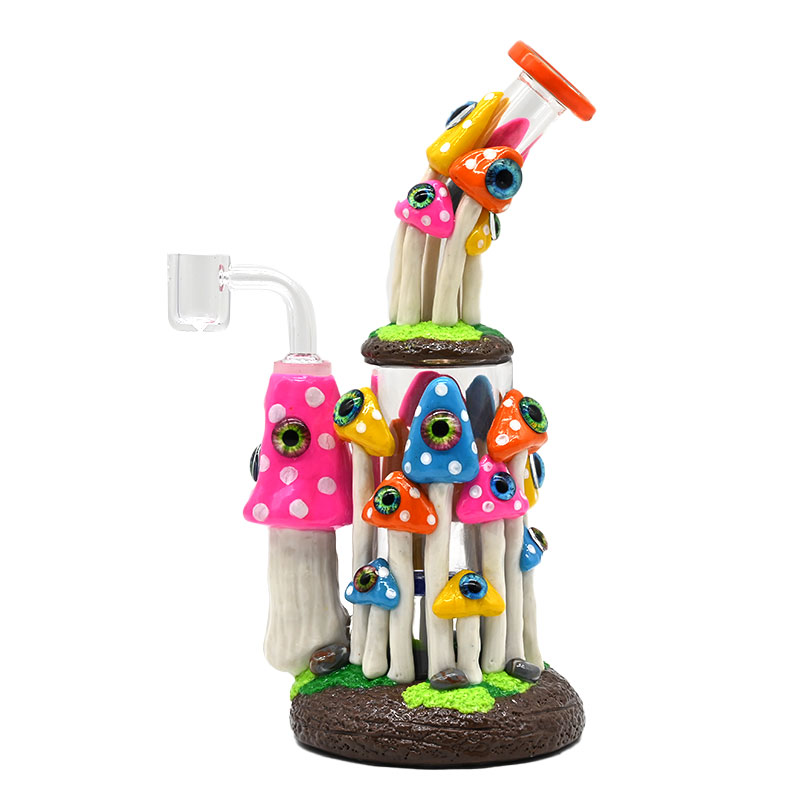 9.4in,Glass Bubbler With Fixed Diffuser Downstem Water Pipe Bongs,Colorful Polymer Clay Mushrooms Evil Eyes Smoking Item,Evil Eyes With Glow In Dark