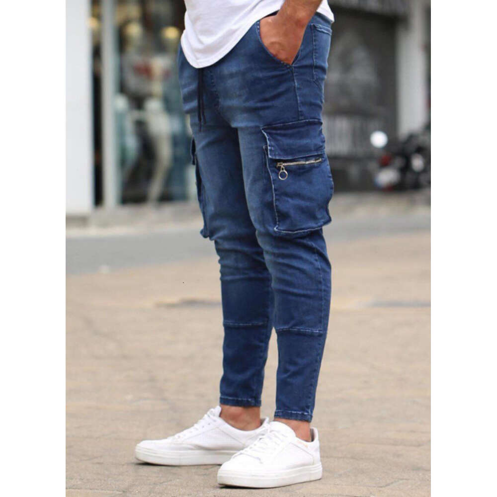 Men's Multi Pocket Zipper Decorative Elastic Workwear Jeans New Style