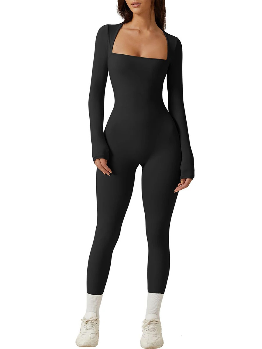 Women Square Neck Long Sleeve Jumpsuit Full Length Leggings Bodycon Romper Workout Yoga Playsuit Bodysuit 240307