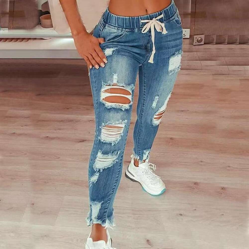 2024 High Waisted Distressed Elastic Waist Drawstring Jeans for Women