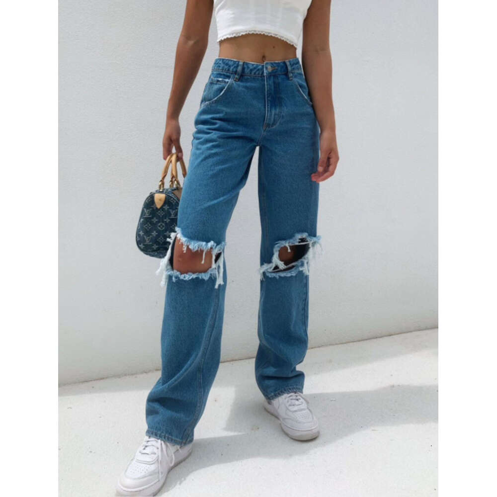 2024 Trendy High Waist Loose Hole Wide Leg Women's Jeans New