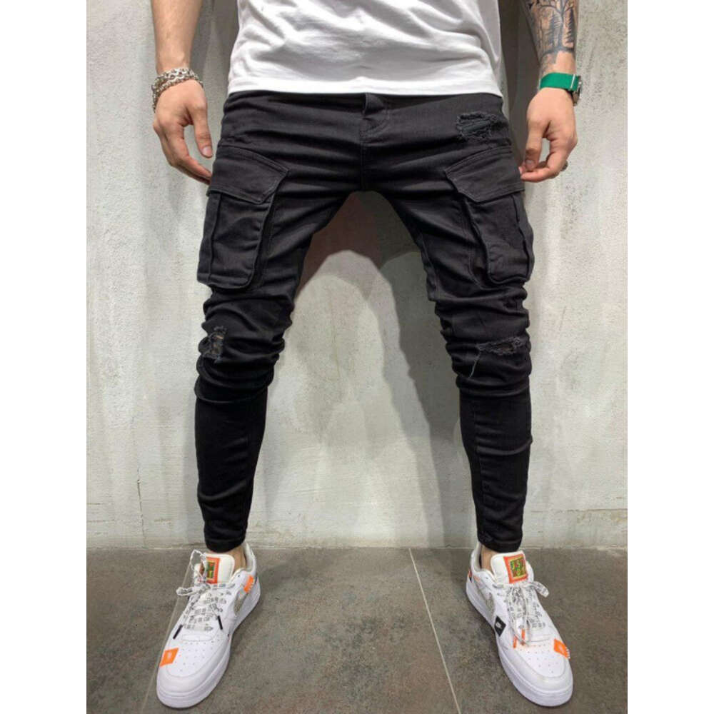 Spring Festival Does Not Close, Multiple Pockets with Holes, Elastic Small Leg Jeans, High-quality Denim Workwear Pants, Men's New Style