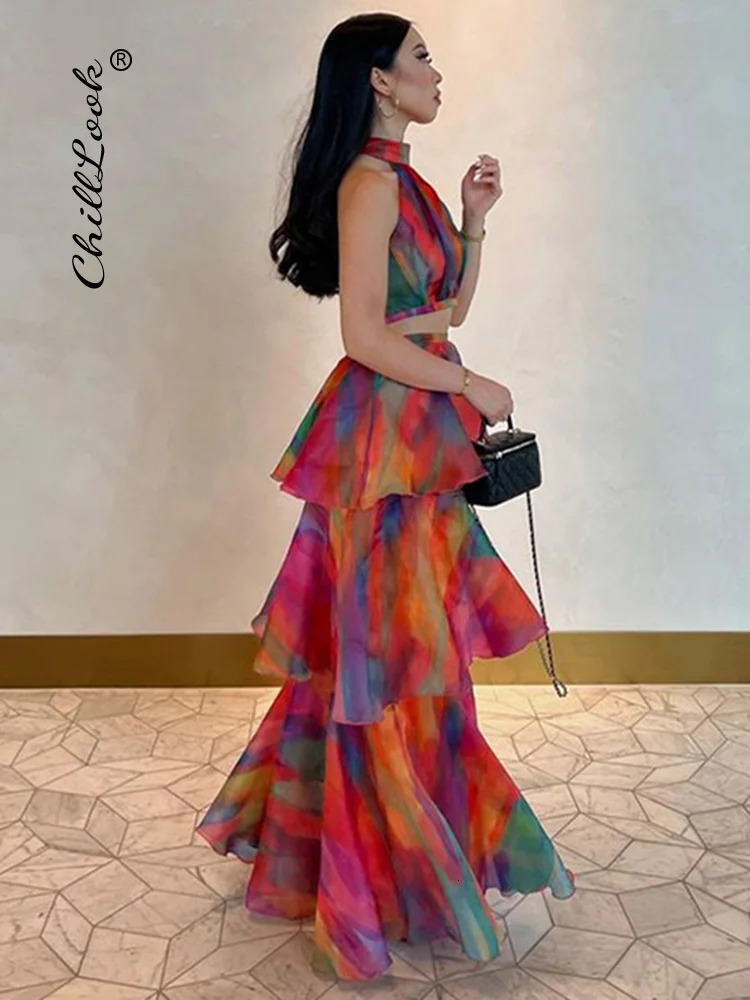 Cascading Ruffle Printed Dress For Women Sexy Sleeveless Halter Hollow Out Party Dresses Female 2024 Spring Summer Midi Vestidos 240313