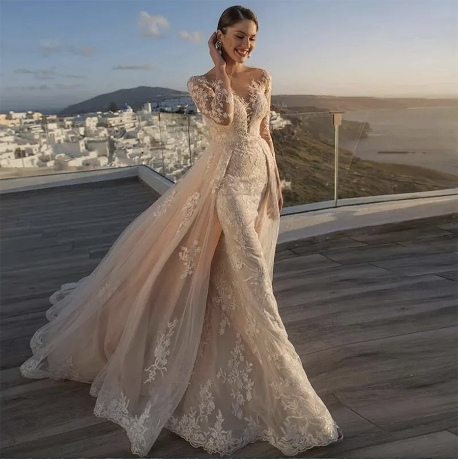 Gorgeous Lace Appliques Long Sleeves Mermaid Wedding Dress For Bride 2024 Sheer Mesh Top Button Decoration Illusion Back With Detachable Ski
