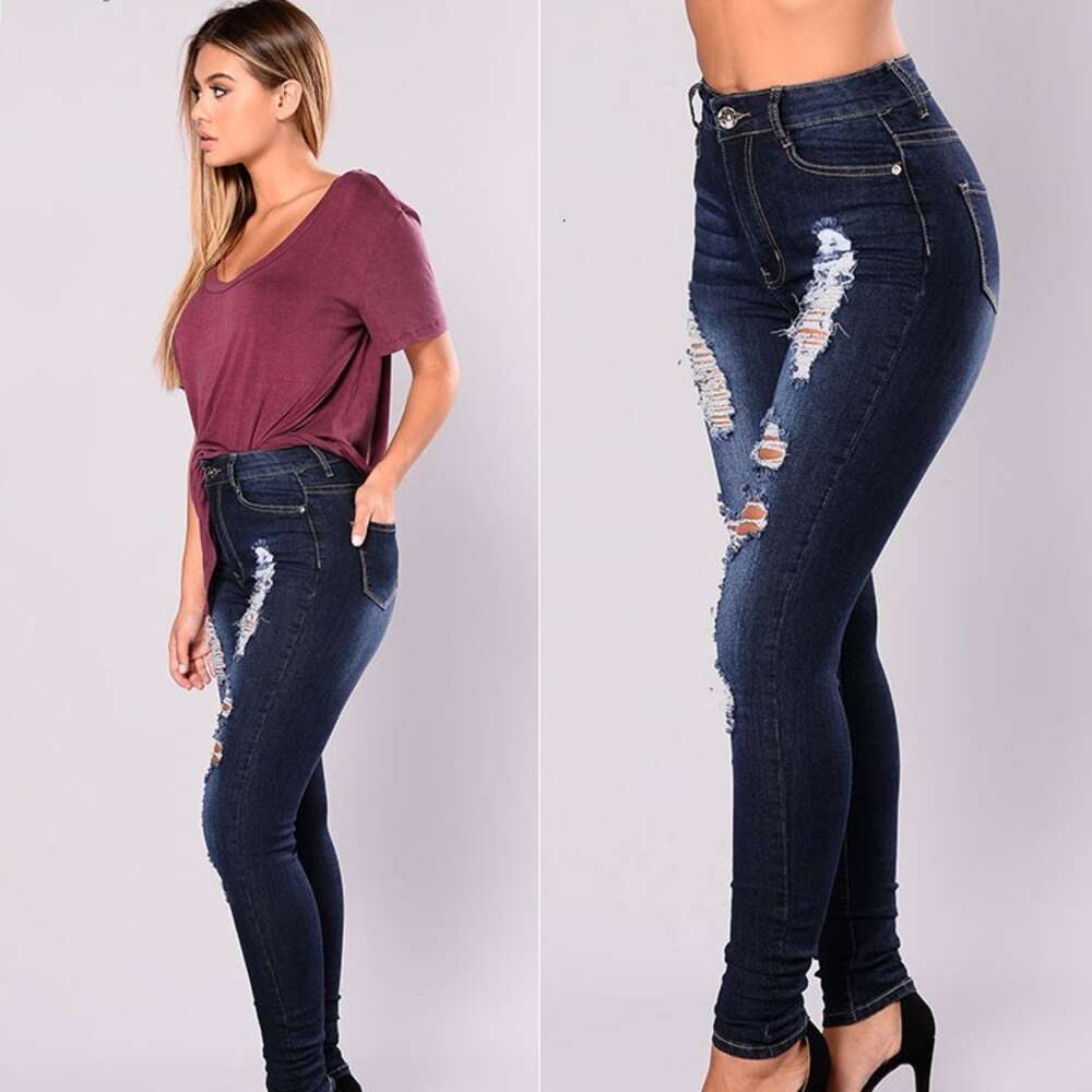 Women's Mid Rise Slim Fit Elastic Washed and Worn-out Denim Pants Hot