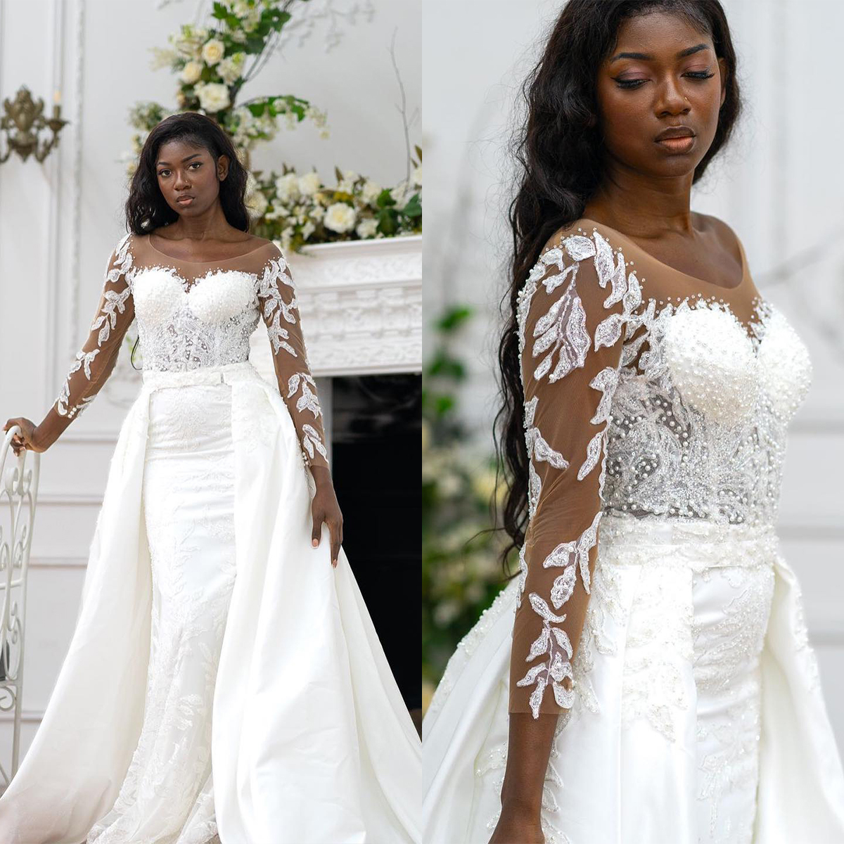 Plus Size Mermaid Wedding Dresses With Detachable Train Nude Jewel Neck Long Sleeves Bridal Gowns Lace Applique Beach Ruffles Custom Made