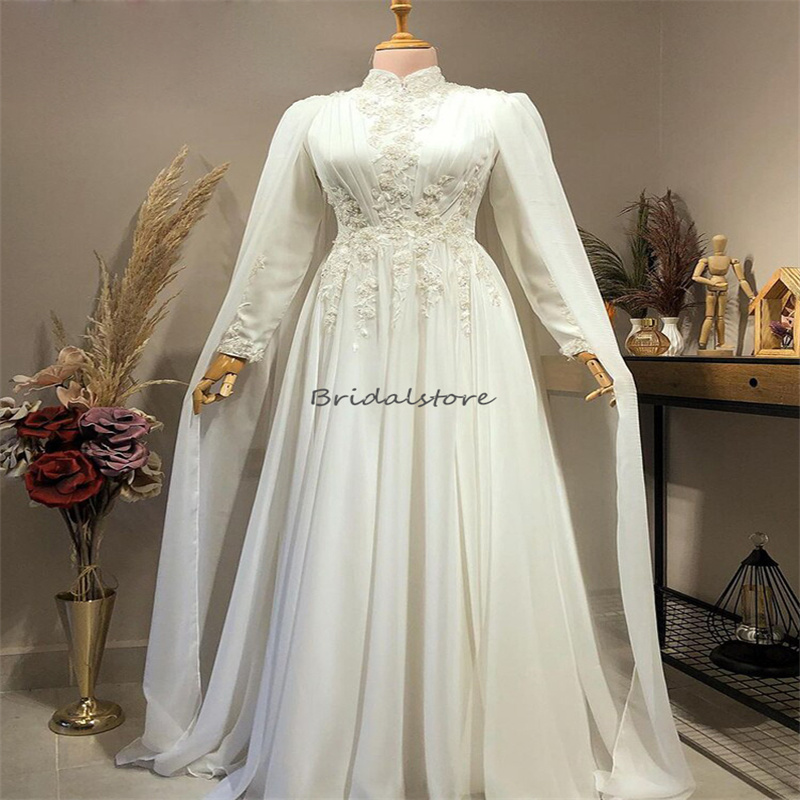 Gorgeous Muslim Wedding Dress With Caped High Neck Long Sleeve Appliques Lace Long Sleeve Arabic Dubai Bridal Dresses Floor Length Chiffon Vestios De 