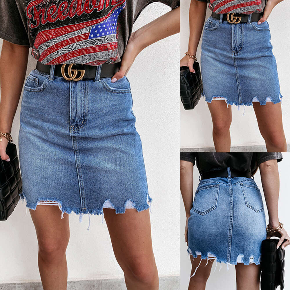 2024 Summer New Denim Short Skirt Casual Bag Hip Wash Plush Edge Perforated Women