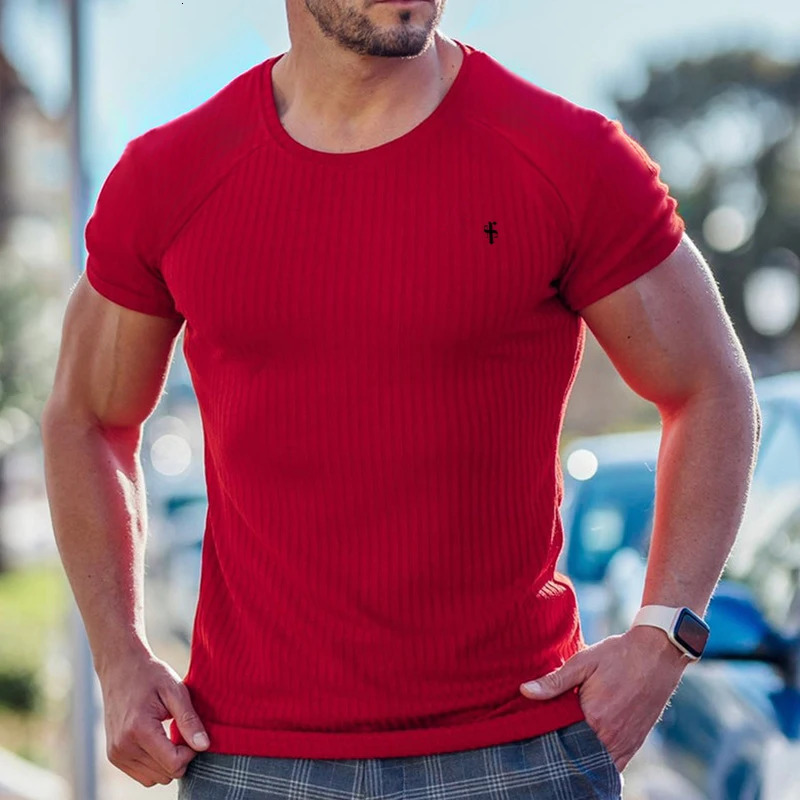 Designer men's sports and leisure quick-drying breathable elastic round neck bottoming shirt vertical stripe printed casual T-shirt