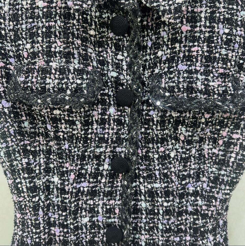 2024 Spring/Summer s - Self Port/rait-p Thousand Small Polo Collar Checkered Waist Waist Open Back Short Sleeve Single breasted Tweed Short Skirt