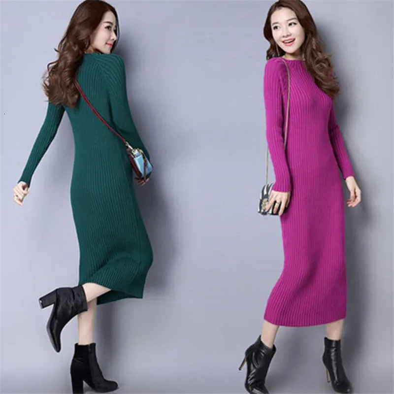 Autumn Women Bodycon Sheath Dress Sexy Red Ladies Knitted Sweater Dresses Cotton Long Sleeve Pure Casual Female Midi 240315