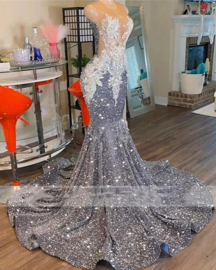 Glitter Sier Sequined Mermaid Prom Dresses Sheer Neck Lace Applique Beaded Sweep Train Formal Party Evening Gowns Robe Bc15713 0315 0220
