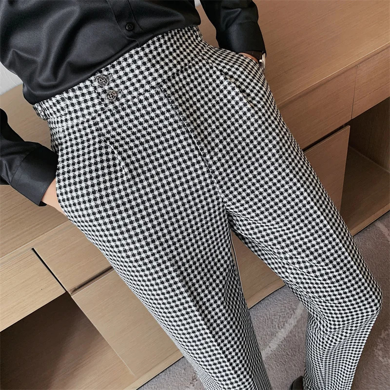 British Style Men High Waist Business Dress Pants Fashion Houndstooth Office Social Suit Pants Wedding Groom Casual Trousers Men 240305