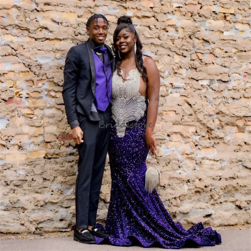 Luxury Diamond Crystal Prom Dresses For Black Girls Gorgeous Mermaid Purple African Evening Dress Sparkly Sequins Formal Occasion Party Gowns Vestios 