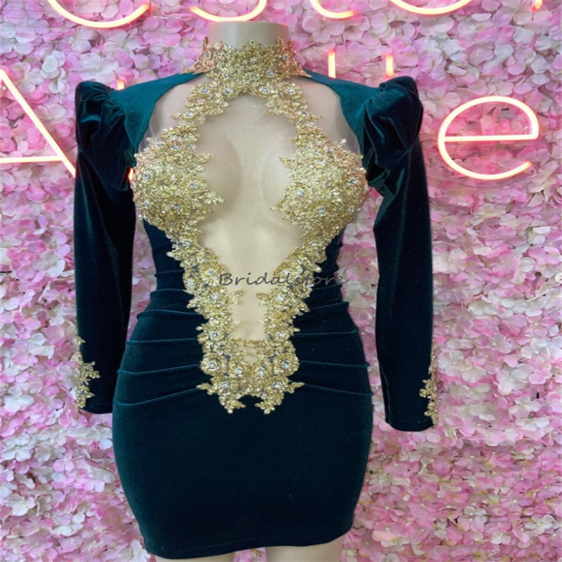 Green Velvet Short Prom Dresses 2024 High Neck Long Sleeve Appliques Beaded Mini Short Evening Dress Sexy Black Girls Cocktail Party Dresses Graduatio