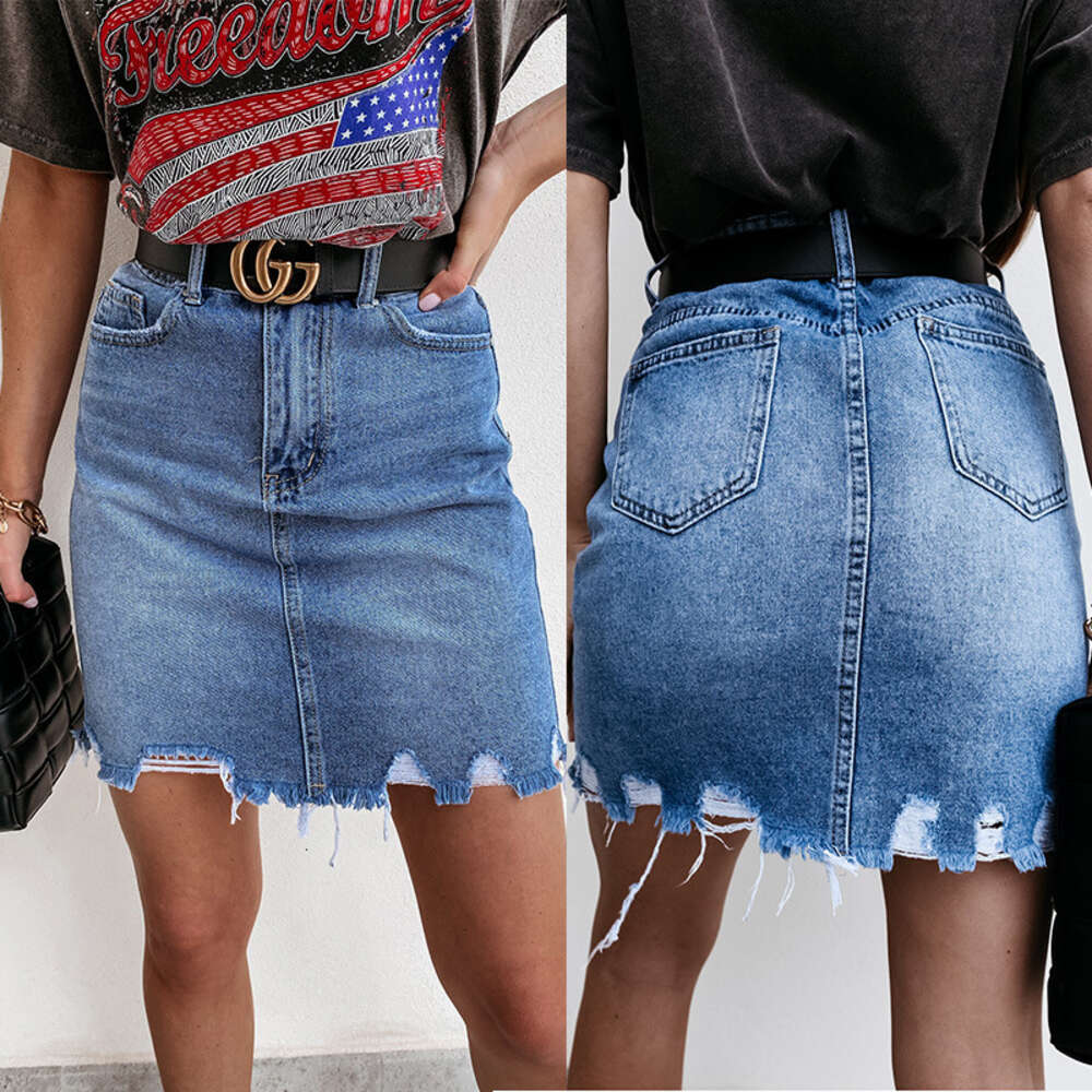 2024 Summer New Denim Short Skirt Casual Bag Hip Wash Plush Edge Perforated Women