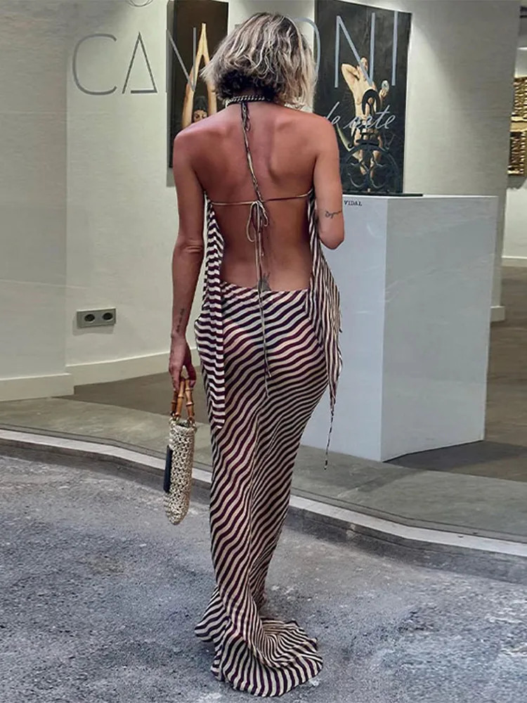 Women Sexy Slim Striped Print Skirt Suit Fashion Sleeveless Backless Top 2 Pieces Sets Elegant Vacation Beach Outfit 240328