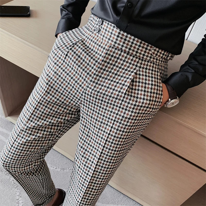 British Style Men High Waist Business Dress Pants Fashion Houndstooth Office Social Suit Pants Wedding Groom Casual Trousers Men 240305