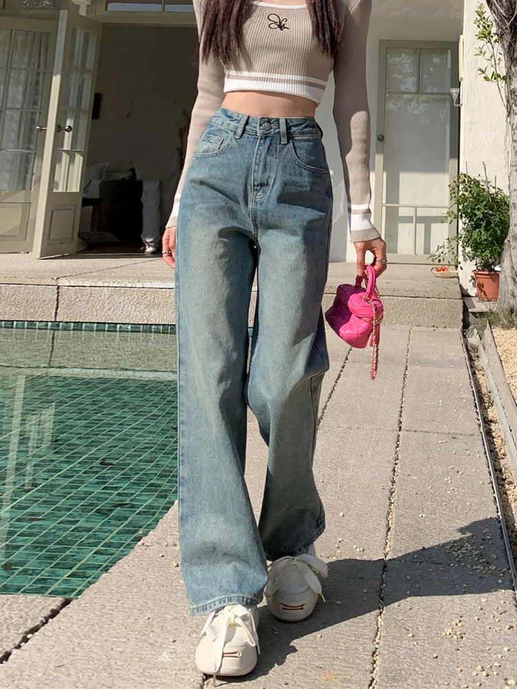 Blue Jeans Women Denim Pants High Waisted Wide Leg Chic Streetwear Trousers Y2k Korean Fashion Vintage Straight 240307