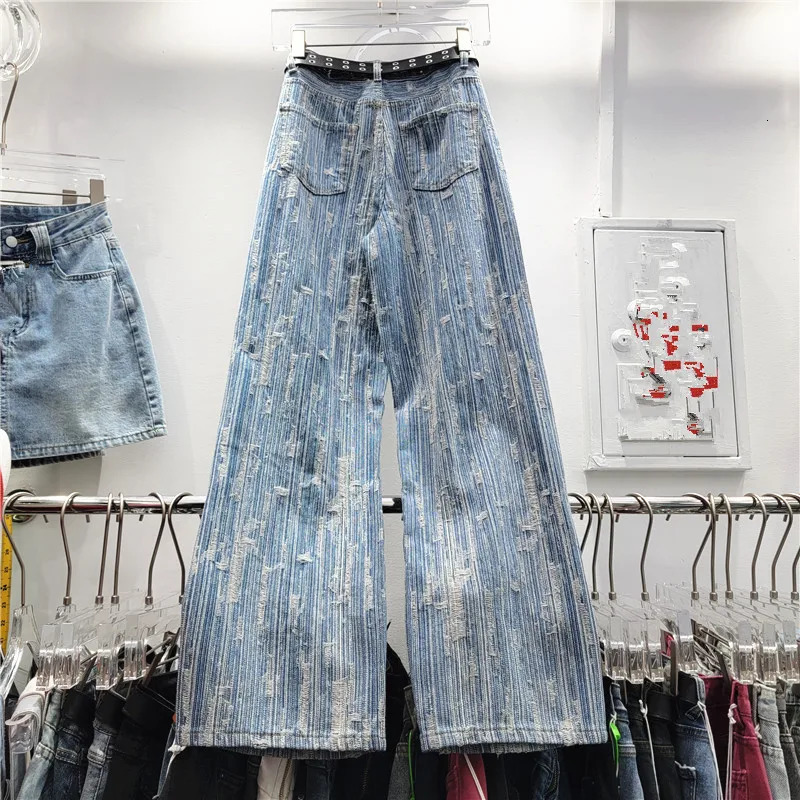 Striped Ripped Jeans for Women Spring Autumn Washedout StraightLeg Pants Denim High Waisted Vintage Clothes 240307
