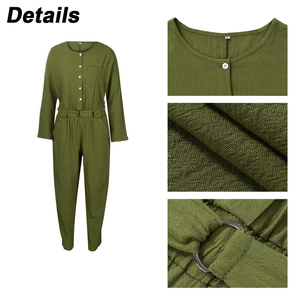 Cotton Linen Oversized Jumpsuit For Woman Tight High Waist Solid Loose Long Pants Female Clothing Rompers Bodysuit Trousers 240307
