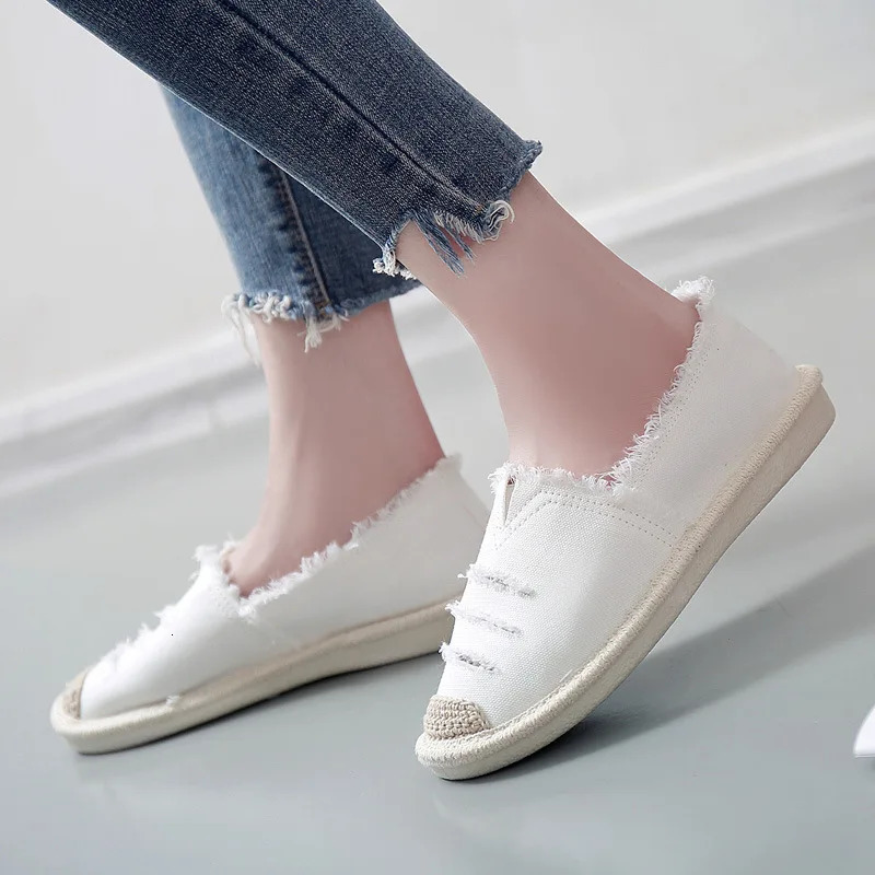 Womens Flat Slip On Canvas Summer Strap Loafers Straw Espadrilles Ladies Casual Comfort Ripped Lazy Shoes Female 240304