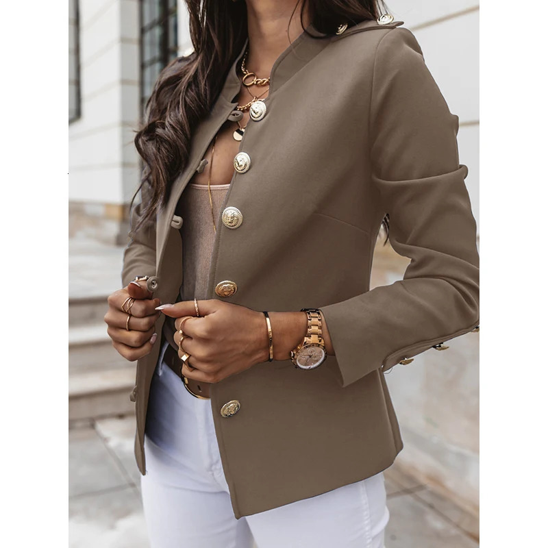 Vintage Blazer Women Office Jacket Streetwear Autumn Button Solid Color Elegant Long Sleeved Slim Breasted Small Blazer Outwear 240306