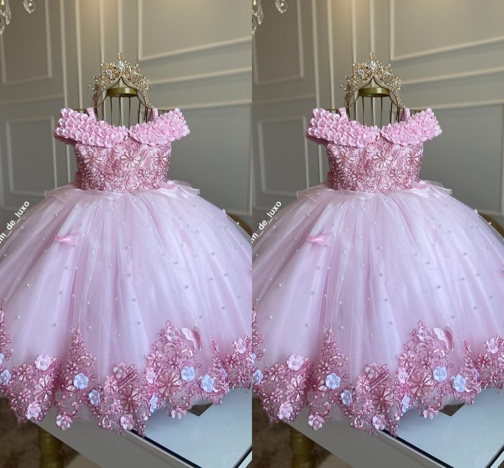 Pink Wer Princess Dresses Big Bow Pearls Handmade D Wers Tiered Tulle Girls Pageant For Kids Prom Birthday Party Gowns Toddler Dress Custom S 0914