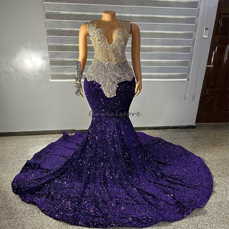 Luxury Diamond Crystal Prom Dresses For Black Girls Gorgeous Mermaid Purple African Evening Dress Sparkly Sequins Formal Occasion Party Gowns Vestios 
