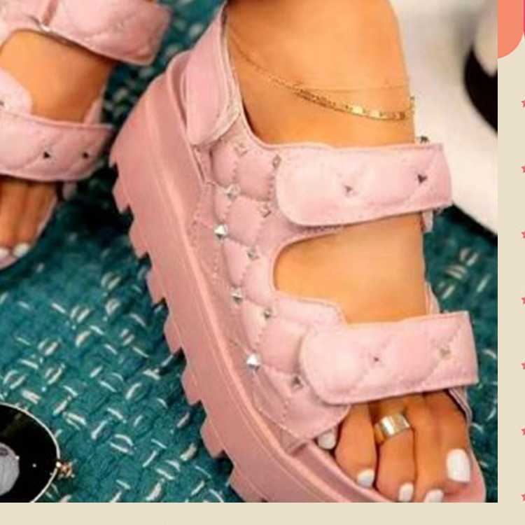 Sandals Sandals for women 23 new style rivet checkered sponge cake thick sole large size one word Velcro Roman sandals J240315