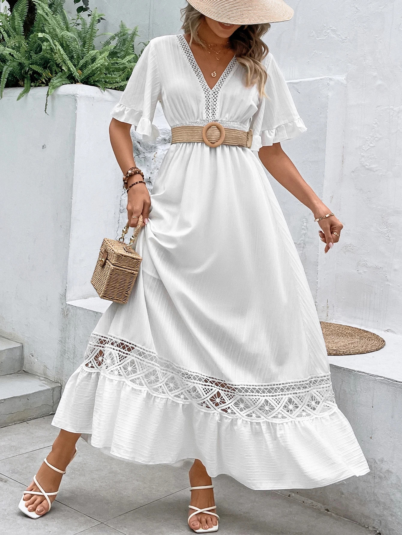 Elegant Solid White Long Dress Clothing Bohemia Hollow Hem Sexy Short Sleeves Dresses High Waist Beach Party Maxi 240313