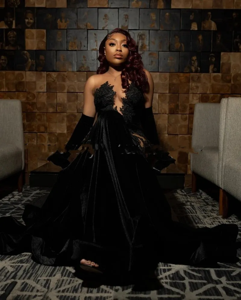 Sexy Black Mermaid Prom Dresses Lace Velvet African Women Party Gowns Sequin Vestidos De Ocasion Formales