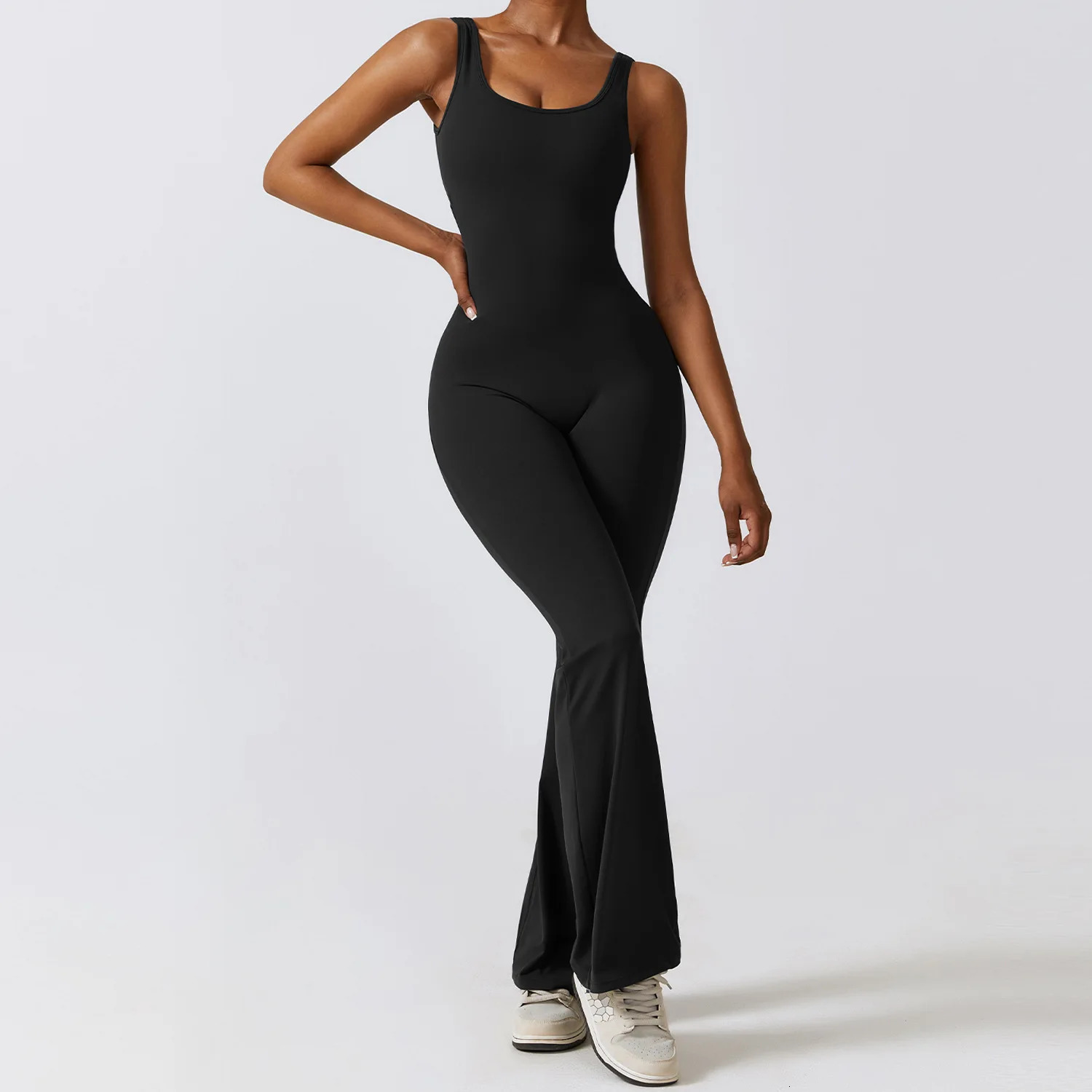 Women Push Up Workout Flare Jumpsuits Sexy Backless Gym Bodycon Scrunch Butt Yoga Rompers V Back Suit Sportswear 240307