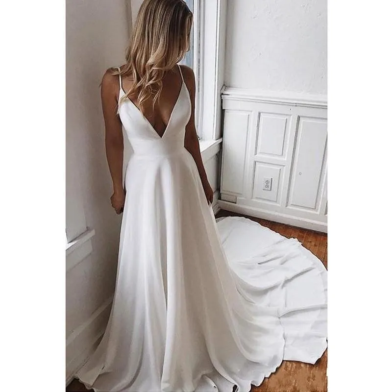 V Neck Chiffon A e Boho Beach Wedding Dresses Beaded Applique Formal Bridal Gowns Custom Bride Dress Vestidos De Novia