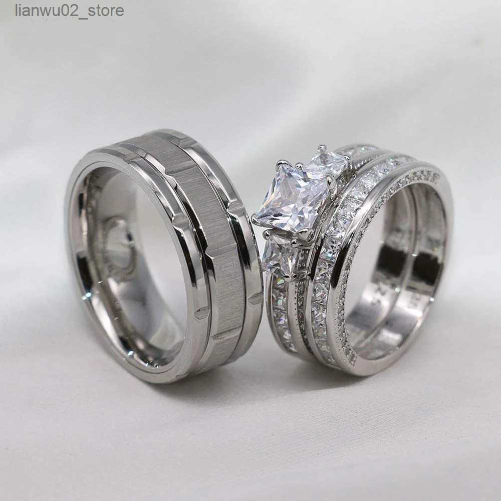 Wedding Rings 2023 Couple Ring Womens Exquisite Rhinestone Zirconia Ring Set Simple Stainless Steel Mens Ring Fashion Jewelry Gift for Lovers Q240315