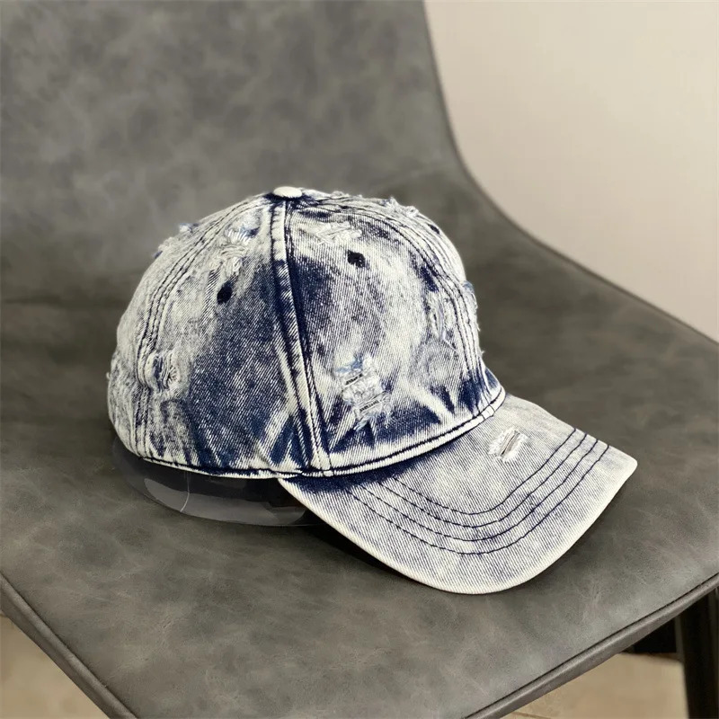 Fashion Denim Cap Casual Washed Old Hole Jean Baseball Cap Vintage Men Blank Hat Women Hip Hop Cap Bone 240220