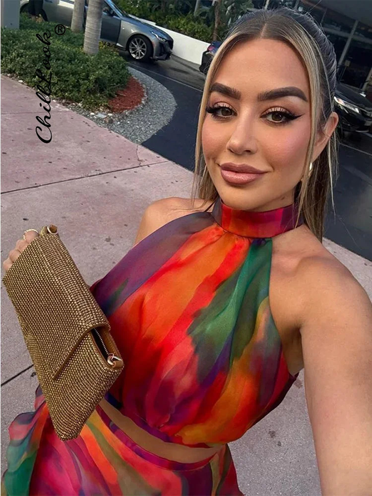 Cascading Ruffle Printed Dress For Women Sexy Sleeveless Halter Hollow Out Party Dresses Female 2024 Spring Summer Midi Vestidos 240313