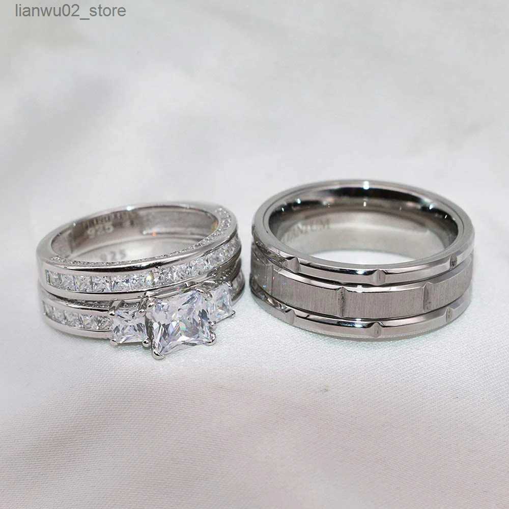 Wedding Rings 2023 Couple Ring Womens Exquisite Rhinestone Zirconia Ring Set Simple Stainless Steel Mens Ring Fashion Jewelry Gift for Lovers Q240315