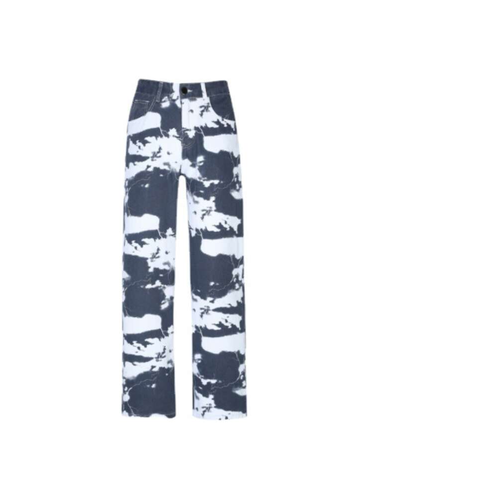 Trendy High Street Wash Tie Dye Printed Denim Men's Hip Hop Wide Straight Leg Dad Pants