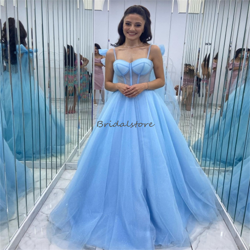 Sexy Blue Prom Dress 2024 Spaghetti Straps A Line Floor Length Tulle Lace Up Backless Evening Dresses With Bow Elegant Formal Occasion Dinner Party Go