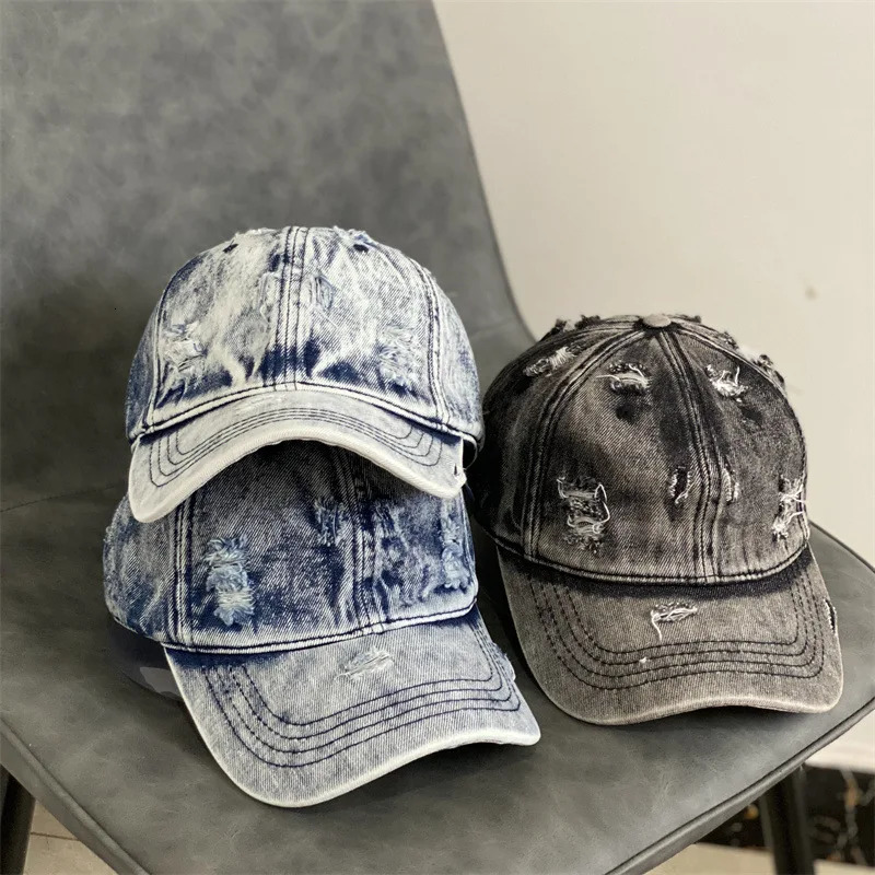 Fashion Denim Cap Casual Washed Old Hole Jean Baseball Cap Vintage Men Blank Hat Women Hip Hop Cap Bone 240220