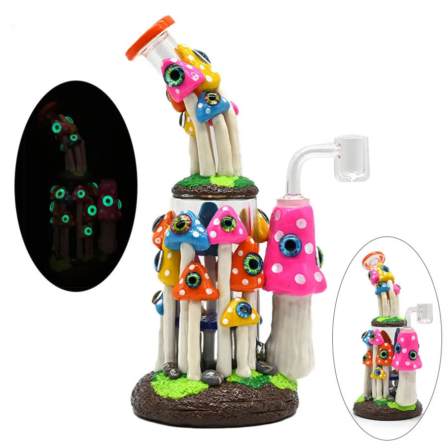 9.4in,Glass Bubbler With Fixed Diffuser Downstem Water Pipe Bongs,Colorful Polymer Clay Mushrooms Evil Eyes Smoking Item,Evil Eyes With Glow In Dark
