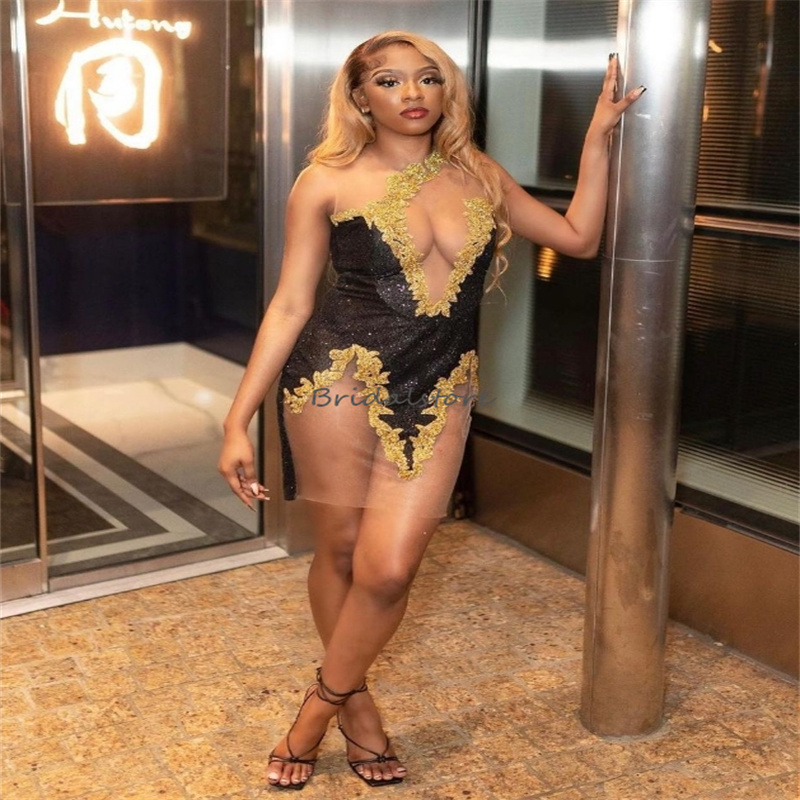 Black Girls Baddies Prom Dresses 2024 Sexy One Shoulder Gold Lace Short Evening Dress Elegant Women Cocktail Club Party Gowns Fancy See Through Gradua
